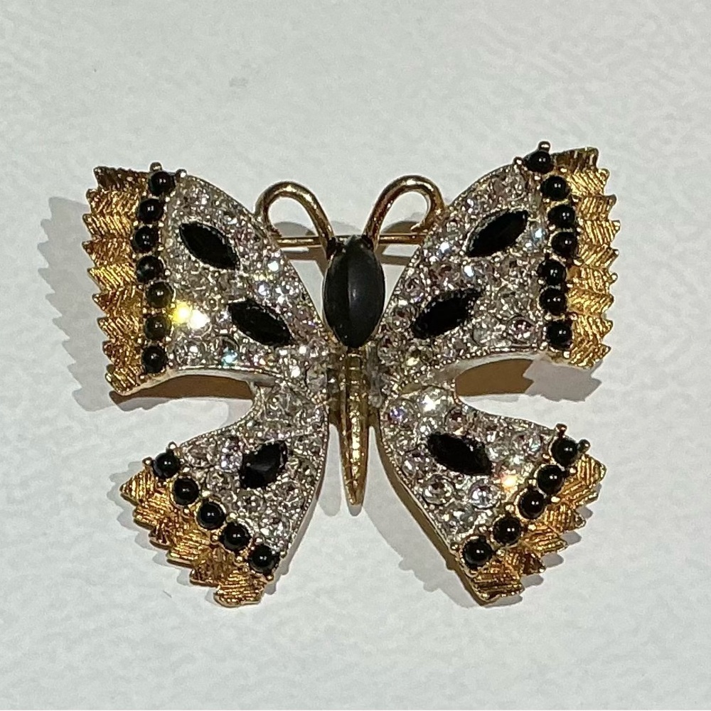 Vintage Jonette JJ Gold toned , clear rhinestones. and Black Butterfly Brooch